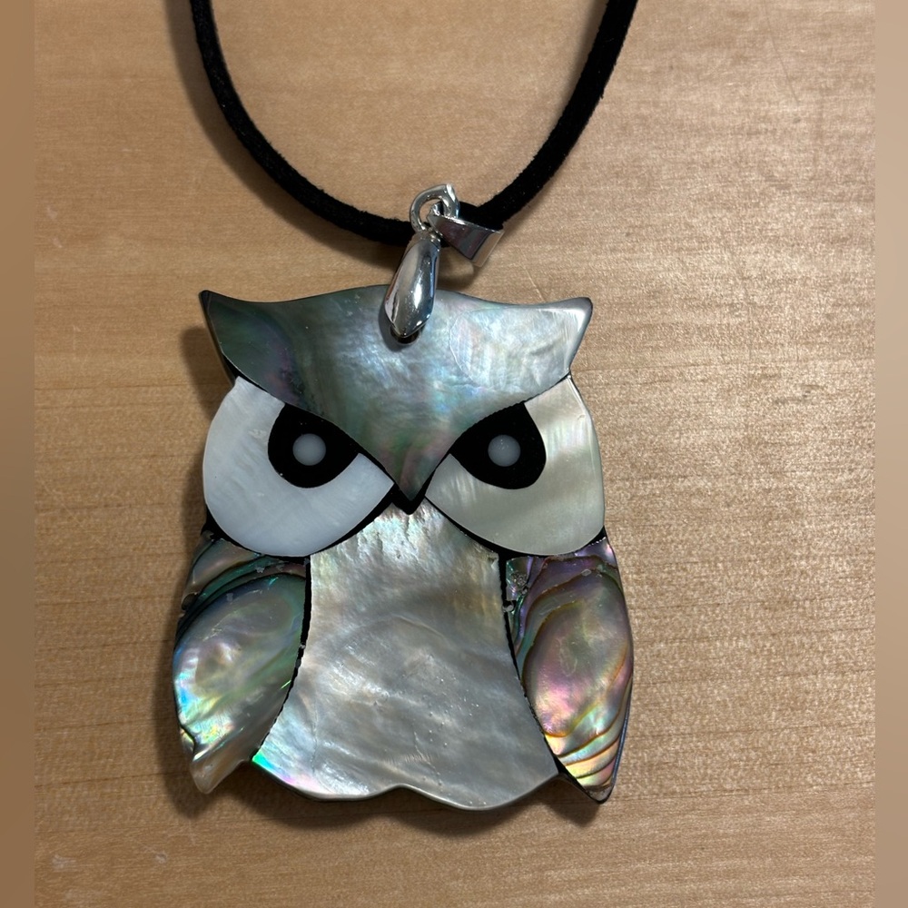 Owl pendant on cloth necklace.